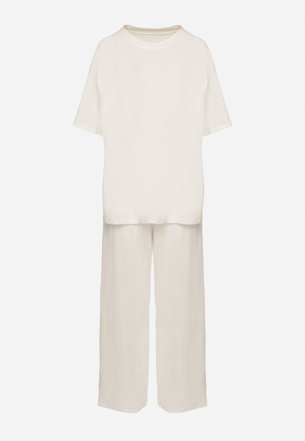 Born2be - Jasnobeżowy Bawełniany Komplet Szerokie Spodnie i T-shirt z Rozcięciami Norpio. Kolor: beżowy. Materiał: bawełna