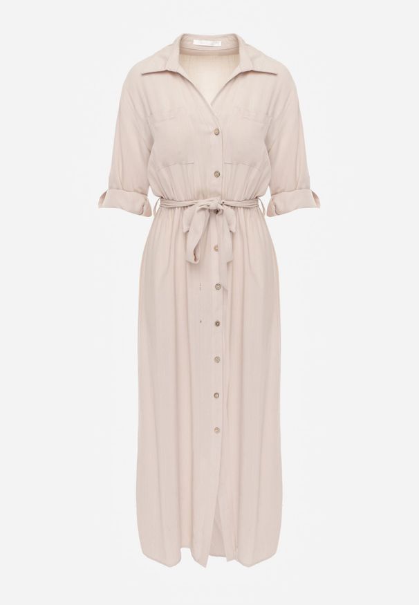 Renee - Jasnobeżowa Koszulowa Sukienka Utility z Bawełny z Wiązanym Paskiem w Talii Retona. Okazja: na co dzień. Kolor: beżowy. Materiał: bawełna. Sezon: lato. Typ sukienki: koszulowe. Styl: boho, glamour, casual