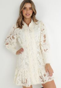 Born2be - Beżowa Sukienka Koronkowa z Falbanką Chloreina. Typ kołnierza: kołnierzyk stójkowy. Kolor: beżowy. Materiał: koronka. Wzór: ażurowy, koronka. Styl: vintage, wizytowy. Długość: mini #3