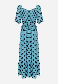 Born2be - Niebiesko-Czarna Sukienka z Bufiastymi Rękawami i Gumkami przy Dekolcie z Falbanką i Paskiem w Talii Tesree. Okazja: na co dzień. Typ kołnierza: dekolt kwadratowy. Kolor: niebieski. Materiał: bawełna, materiał. Styl: casual, retro #2