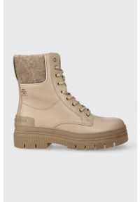 TOMMY HILFIGER - Tommy Hilfiger botki skórzane FEMININE FELT LACE UP BOOTIE damskie kolor beżowy na płaskim obcasie ocieplone FW0FW07500. Zapięcie: sznurówki. Kolor: beżowy. Materiał: skóra. Obcas: na obcasie. Styl: klasyczny. Wysokość obcasa: niski