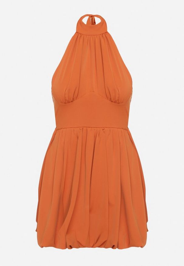 Born2be - Pomarańczowa Sukienka o Bufiastym Kroju z Wiązaniem i Dekoltem Halter Alandoria. Okazja: na co dzień, na imprezę. Typ kołnierza: dekolt halter. Kolor: pomarańczowy. Długość rękawa: bez rękawów. Styl: wizytowy, elegancki, casual
