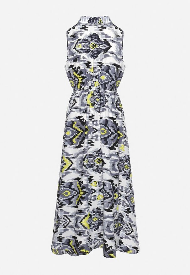 Born2be - Szaro-Biała Sukienka Rozkloszowana z Klapami przy Dekolcie w Abstrakcyjny Wzór Elebia. Okazja: na co dzień, na imprezę. Kolor: szary. Materiał: tkanina. Sezon: lato. Typ sukienki: rozkloszowane. Styl: klasyczny, casual