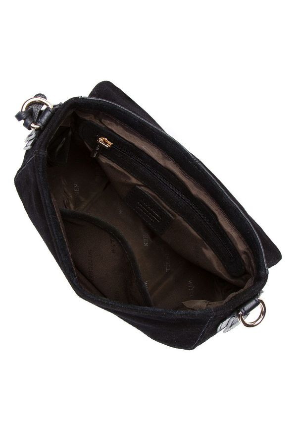 Wittchen - Damska listonoszka saddle bag z zamszu. Kolor: czarny. Wzór: haft. Dodatki: z haftem. Materiał: zamszowe, skórzane. Styl: elegancki