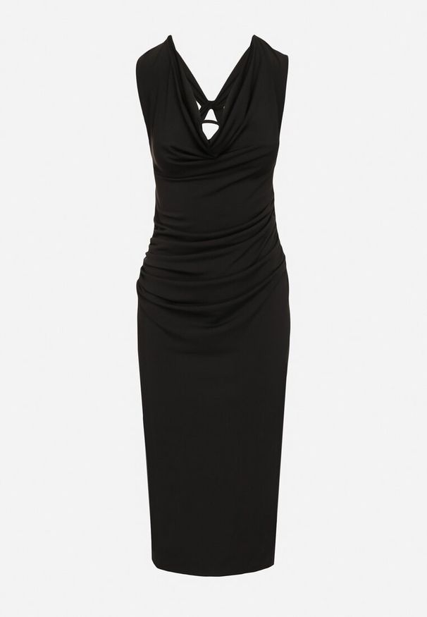 Born2be - Czarna Sukienka o Dopasowanym Kroju z Drapowaniem i Wycięciem na Plecach Rivewia. Okazja: na co dzień. Typ kołnierza: dekolt w kształcie V. Kolor: czarny. Typ sukienki: dopasowane. Styl: klasyczny, casual, elegancki