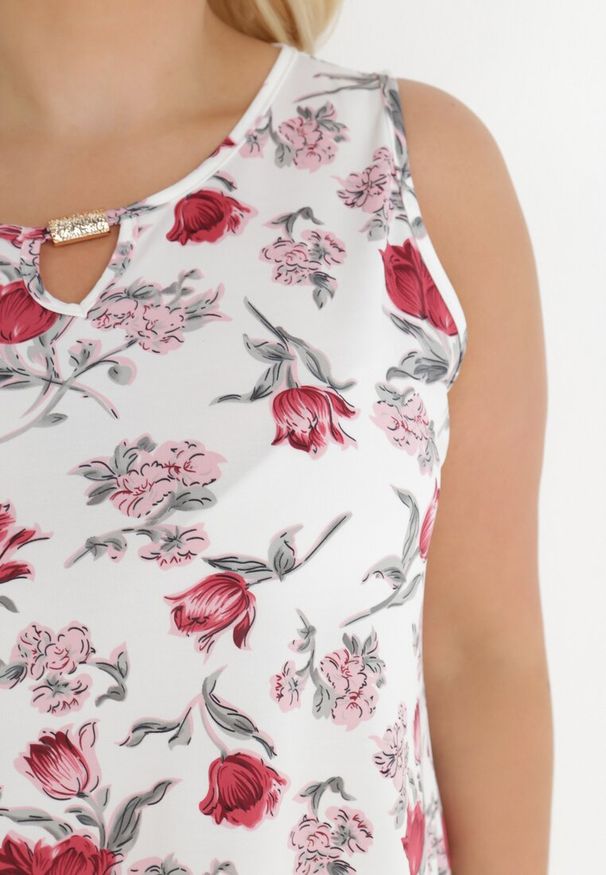 Born2be - Biała Sukienka Carre. Kolekcja: plus size. Kolor: biały. Materiał: bawełna, dzianina. Długość rękawa: bez rękawów. Wzór: kwiaty. Typ sukienki: dla puszystych. Styl: klasyczny. Długość: midi