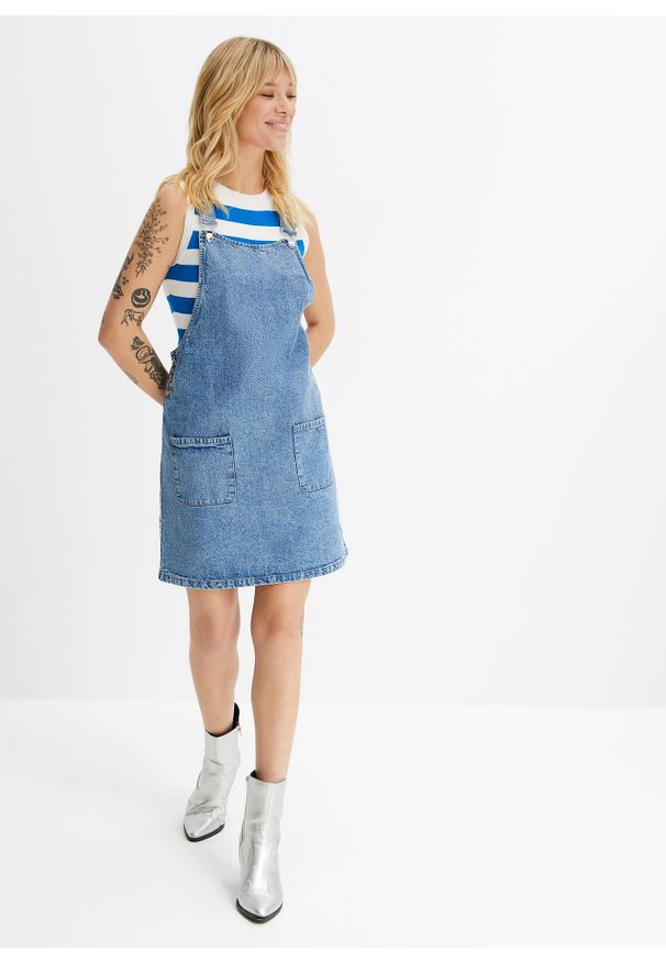 bonprix - Sukienka dżinsowa ogrodniczka. Kolor: niebieski. Materiał: denim