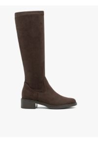 Ryłko - Ciemnobrązowe kozaki z elastyczną cholewką. Nosek buta: okrągły. Kolor: brązowy. Materiał: syntetyk. Szerokość cholewki: normalna. Styl: elegancki #1