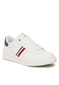 TOMMY HILFIGER - Sneakersy Tommy Hilfiger Stripes Low Cut Lace-Up Sneaker T3X9-32849-1355 S White/Blue X336. Kolor: biały. Materiał: skóra #1