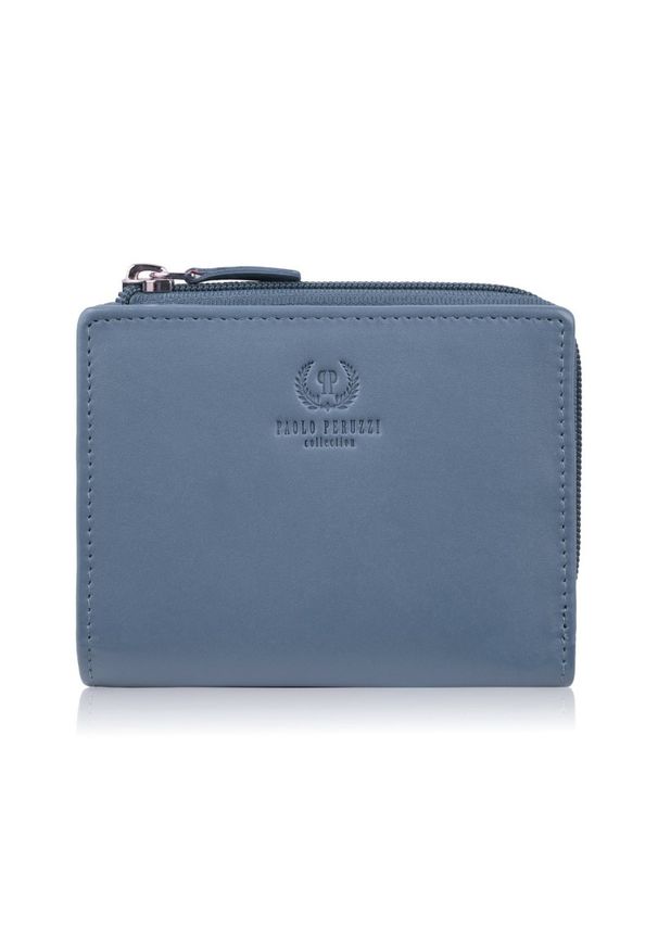 PAOLO PERUZZI - Portfel damski skórzany mały błękitny w orientacji poziomej z RFID Paolo Peruzzi SL-06-CB. Kolor: niebieski. Materiał: skóra