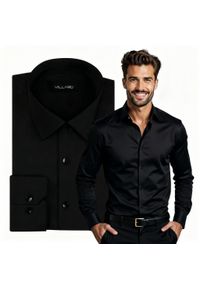 Mmer / Villaro - Koszule męskie - Czarna elastyczna koszula męska z długim rękawem VILLARO L06. Kolor: czarny. Materiał: tkanina, poliester, bawełna. Długość rękawa: długi rękaw. Długość: długie. Styl: klasyczny #1