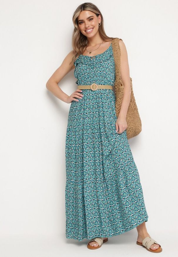 Born2be - Niebieska Wiskozowa Sukienka na Regulowanych Ramiączkach z Wiązaniem przy Dekolcie Srinesa. Okazja: na co dzień. Kolor: niebieski. Materiał: wiskoza. Długość rękawa: na ramiączkach. Sezon: wiosna, lato. Typ sukienki: proste. Styl: casual, elegancki