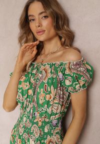 Renee - Zielona Bawełniana Sukienka Maxi z Hiszpańskim Dekoltem i Cienkimi Gumkami w Talii Alarina. Okazja: na co dzień. Kolor: zielony. Materiał: bawełna. Typ sukienki: proste. Styl: casual. Długość: maxi #4