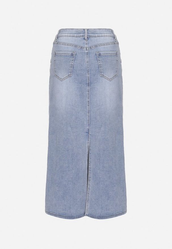 Born2be - Jasnoniebieska Spódnica Jeansowa z Ozdobnymi Nitami i Wysokim Stanem Nellahope. Stan: podwyższony. Kolor: niebieski. Materiał: jeans. Wzór: aplikacja. Styl: klasyczny