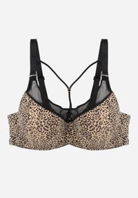 Renee - Czarno-Beżowy Biustonosz z Siateczkową Wstawką i Ozdobnymi Paskami przy Dekolcie Sabesa. Kolor: czarny. Materiał: jeans. Wzór: paski #1