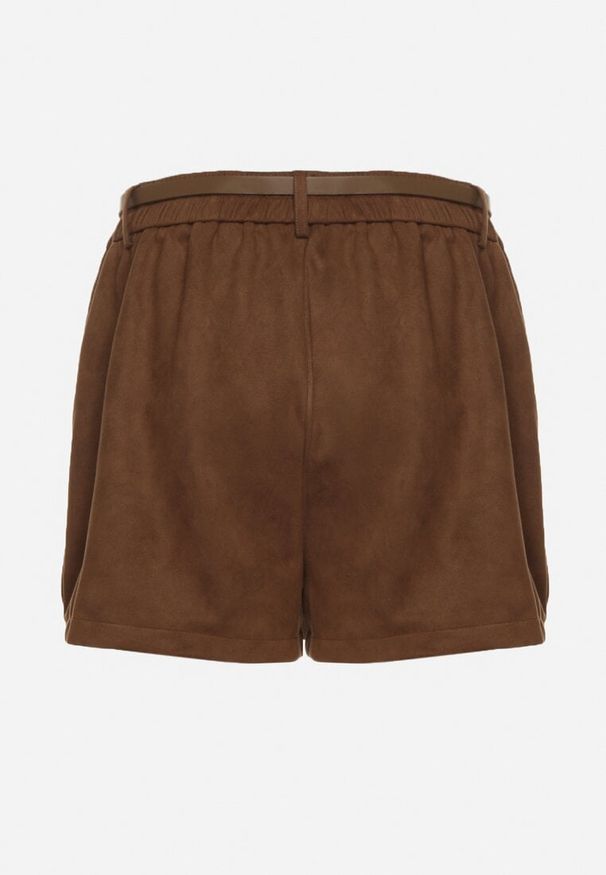 Born2be - Brązowe Spódnico-Szorty z Wysokim Stanem Ozdobione Paskiem z Metaliczną Klamrą Henilia. Okazja: do pracy, na co dzień, na spotkanie biznesowe. Stan: podwyższony. Kolor: brązowy. Wzór: aplikacja. Styl: elegancki, biznesowy, casual