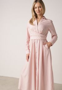 Born2be - Różowa Koszulowa Sukienka z Wiskozy z Ozdobnym Marszczeniem w Talii Batena. Okazja: na co dzień, na spotkanie biznesowe, do pracy. Kolor: różowy. Materiał: wiskoza. Typ sukienki: koszulowe. Styl: casual, biznesowy, elegancki, klasyczny #6
