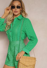 Renee - Zielona Koszula z Haftowanej Tkaniny w Stylu Boho Perphone. Kolor: zielony. Materiał: tkanina. Wzór: haft. Sezon: lato, wiosna. Styl: boho