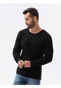 Ombre Clothing - Sweter męski z warkoczowym splotem E195 - czarny - XXL. Okazja: na co dzień. Kolor: czarny. Materiał: akryl, bawełna, jeans. Wzór: ze splotem. Styl: elegancki, casual, klasyczny