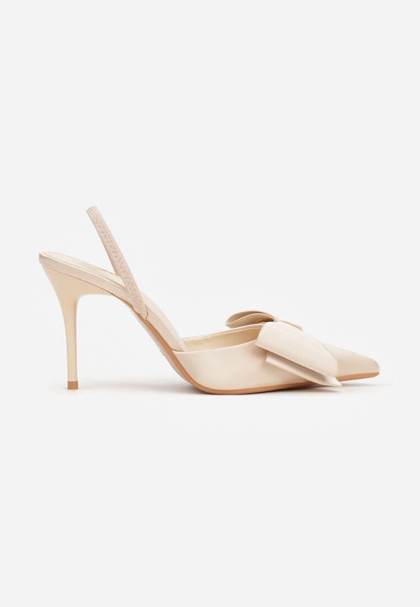 Renee - Beżowe Sandały Satynowe na Szpilce Slingback Ozdobione Kokardą Daemoris. Okazja: na imprezę. Zapięcie: sprzączka. Kolor: beżowy. Materiał: satyna. Wzór: aplikacja. Obcas: na szpilce. Styl: elegancki