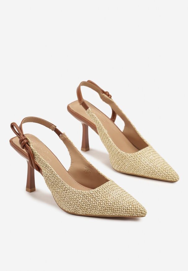 Renee - Brązowo-Beżowe Sandały na Szpilce Typu Slingback Ozdobione Plecionką Pulvia. Okazja: na imprezę, na co dzień. Kolor: brązowy. Wzór: aplikacja. Obcas: na szpilce. Styl: casual, klasyczny, elegancki. Wysokość obcasa: średni