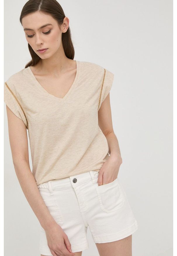 Morgan t-shirt damski kolor beżowy. Okazja: na co dzień. Kolor: beżowy. Styl: casual