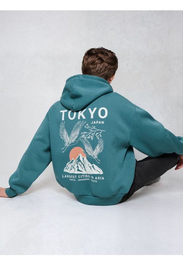 Sinsay - Bluza hoodie z nadrukiem - ciemny turkus. Wzór: nadruk