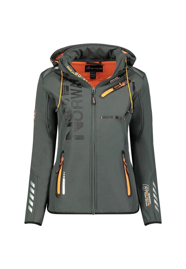 Geographical Norway REINE - damski softshell ciemnoszary/pomarańczowy.. Kolor: szary, żółty, pomarańczowy, wielokolorowy. Materiał: poliester, elastan. Sport: turystyka piesza