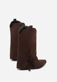 Born2be - Brązowe Botki Typu Kowbojki na Stożkowym Obcasie z Frędzlami Reinella. Okazja: na co dzień. Kolor: brązowy. Materiał: jeans. Obcas: na obcasie. Styl: casual, klasyczny. Wysokość obcasa: średni #3