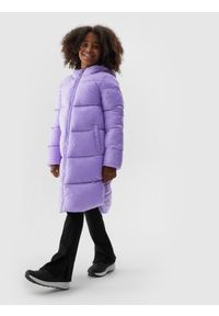 4F JUNIOR - Płaszcz puchowy pikowany dziewczęcy - fioletowy. Kolor: fioletowy. Materiał: puch. Długość: do kolan. Sezon: zima