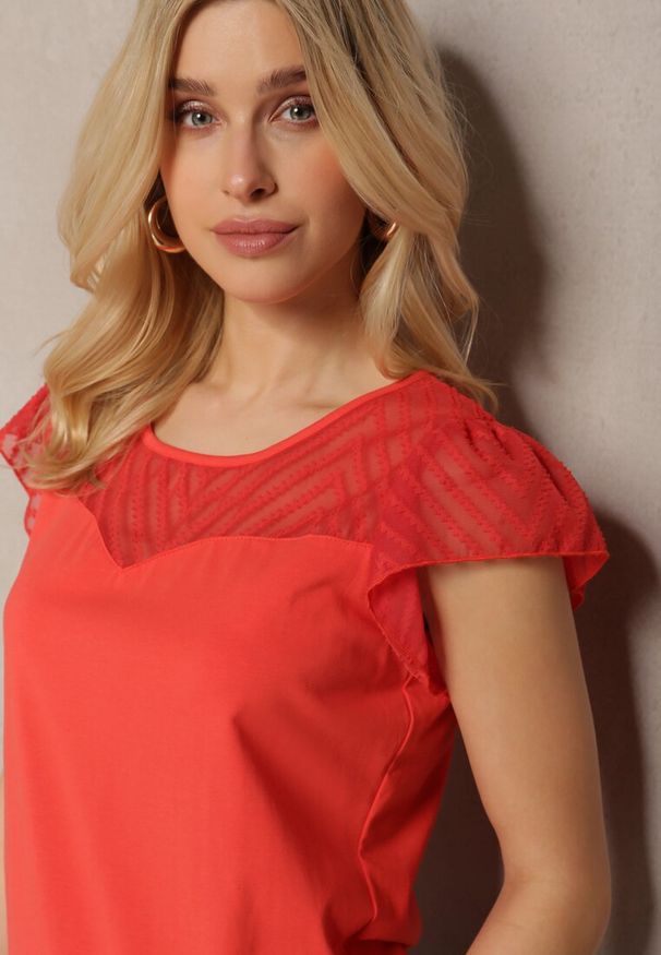 Renee - Czerwony Elegancki T-shirt Bluzka z Bawełny z Przezroczystymi Wstawkami Biopara. Okazja: na imprezę, na co dzień. Kolor: czerwony. Materiał: bawełna. Sezon: lato. Styl: elegancki