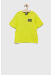 EA7 Emporio Armani t-shirt bawełniany dziecięcy kolor zielony z nadrukiem. Kolor: zielony. Materiał: bawełna. Wzór: nadruk