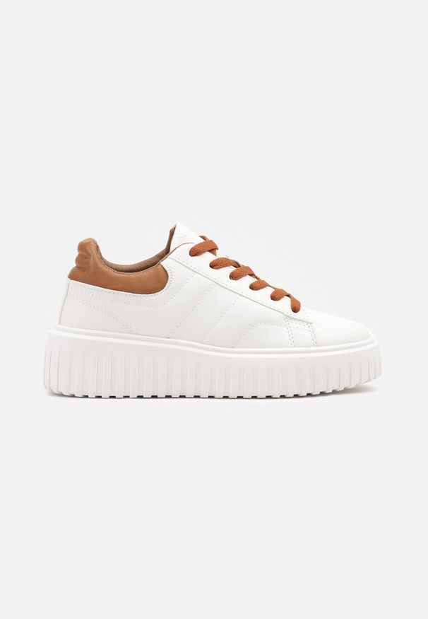Renee - Biało-Brązowe Sneakersy na Platformie Ozdobionej Tłoczonej Zdivona. Okazja: na co dzień. Zapięcie: sznurówki. Kolor: biały. Wzór: aplikacja. Obcas: na platformie