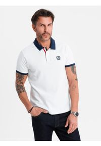 Ombre Clothing - Męska koszulka polo z kolorowymi akcentami – biała V2 OM-POSS-0105 - XXL. Typ kołnierza: polo. Kolor: biały. Materiał: dzianina, bawełna. Wzór: kolorowy. Styl: klasyczny, sportowy, elegancki #3