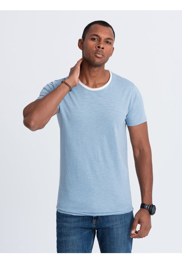 Ombre Clothing - T-shirt męski bawełniany - błękitny V4 S1385 - S. Kolor: niebieski. Materiał: bawełna. Styl: klasyczny