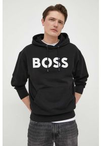 BOSS Orange - BOSS bluza bawełniana BOSS ORANGE męska kolor czarny z kapturem z nadrukiem. Typ kołnierza: kaptur. Kolor: czarny. Materiał: bawełna. Wzór: nadruk