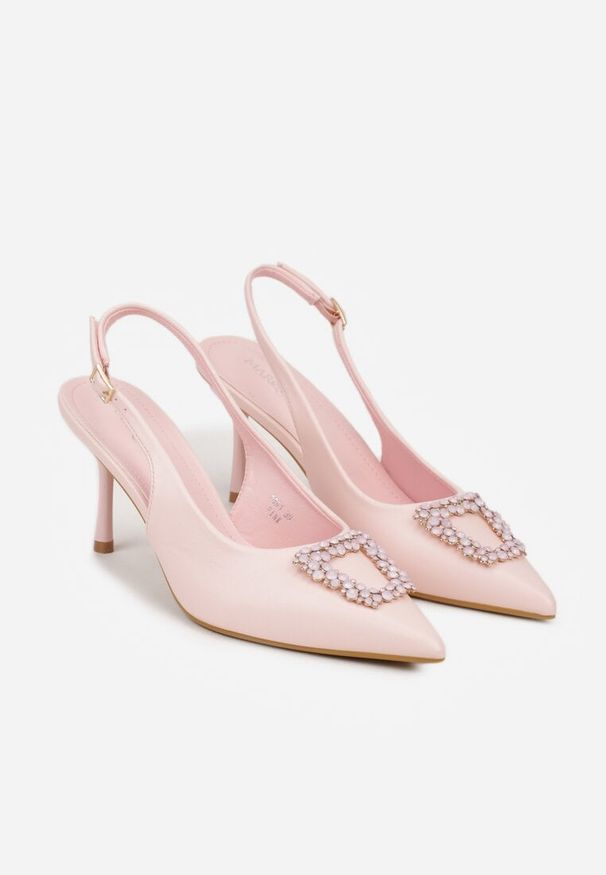 Renee - Różowe Sandały na Szpilce Ozdobione Aplikacją z Cyrkoniami Isleheart. Okazja: na wesele, na ślub cywilny. Zapięcie: pasek. Kolor: różowy. Materiał: skóra. Wzór: aplikacja. Obcas: na szpilce. Styl: klasyczny