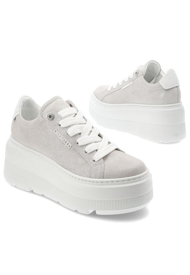 CheBello - Srebrne Sneakersy Chebello Stylowe Obuwie Damskie Na Platformie. Okazja: na co dzień. Zapięcie: sznurówki. Kolor: srebrny. Materiał: materiał. Szerokość cholewki: normalna. Obcas: na platformie. Styl: elegancki
