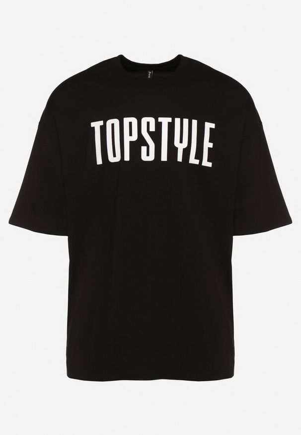 Born2be - Czarna Bawełniana Koszulka z Krótkim Rękawem i Ozdobnymi Nadrukami na Plecach i z Przodu Azariel. Okazja: na co dzień. Kolor: czarny. Materiał: bawełna. Długość rękawa: krótki rękaw. Długość: krótkie. Wzór: nadruk. Styl: casual