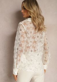 Renee - Beżowa Koszula Transparentna z Motywem Kwiatów Perełkami i Cekinami Raviolla. Kolor: beżowy. Materiał: jeans. Wzór: kwiaty