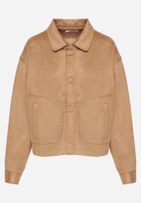 Born2be - Beżowa Koszulowa Kurtka z Imitacji Zamszu z Ozdobnymi Przeszyciami Arenella. Kolor: beżowy. Materiał: zamsz #7
