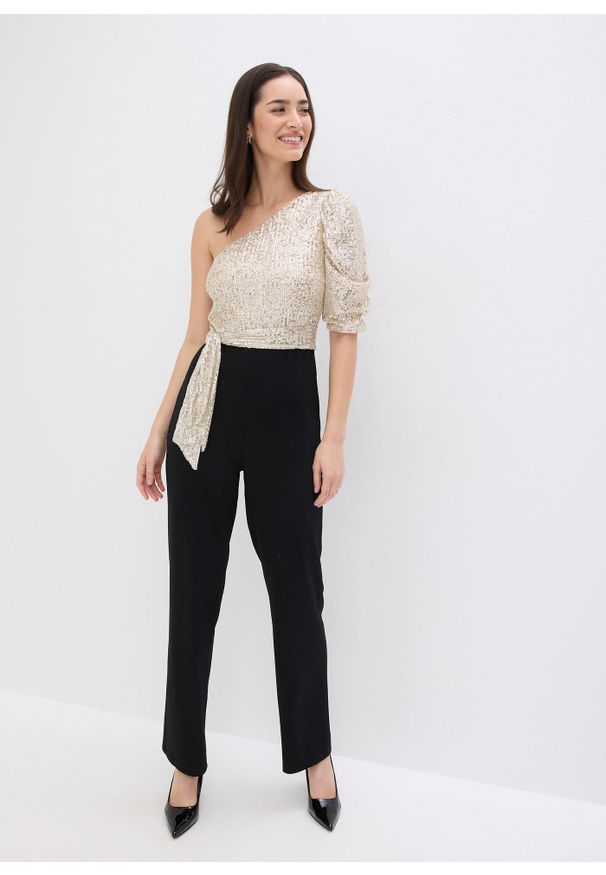 bonprix - Kombinezon z cekinami. Kolor: czarny. Styl: elegancki