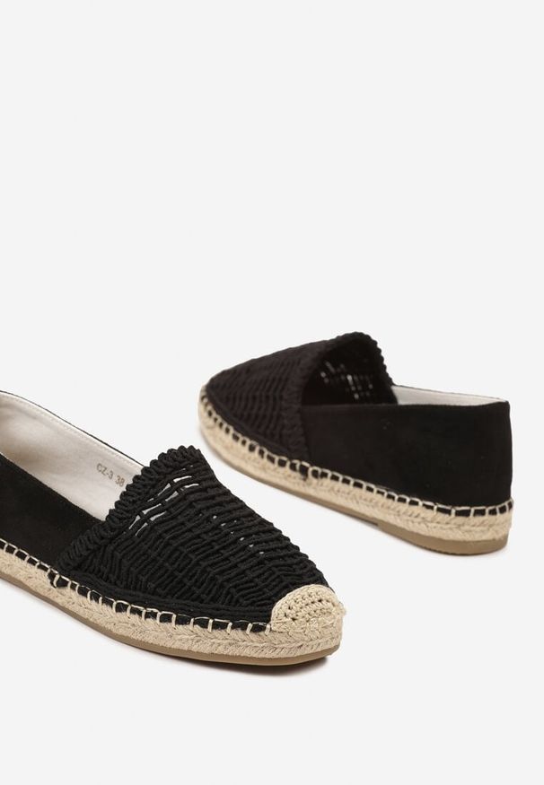 Renee - Czarne Płaskie Espadryle z Ekozamszu Ozdobione Jutą Lemiala. Okazja: na co dzień. Kolor: czarny. Materiał: len, jeans. Wzór: aplikacja. Sezon: lato. Obcas: na obcasie. Styl: klasyczny, casual. Wysokość obcasa: niski