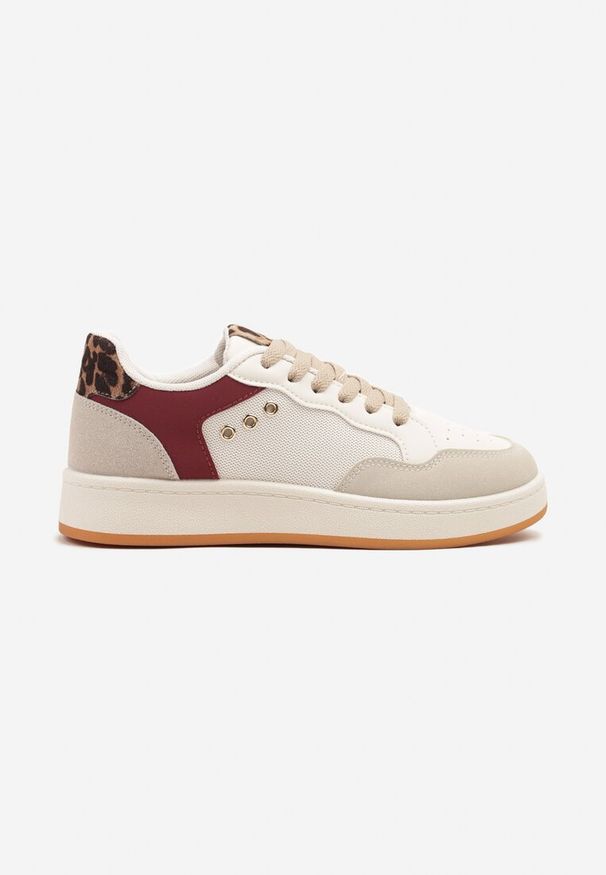 Renee - Beżowo-Bordowe Streetwearowe Sneakersy Zdobione Przeszyciami Neonisea. Okazja: na co dzień, na spacer. Kolor: beżowy. Materiał: jeans. Wzór: aplikacja. Sport: turystyka piesza