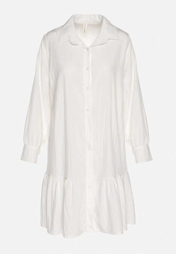 Born2be - Biała Sukienka z Wiskozą o Koszulowym Kroju z Falbanką Penzedi. Okazja: na co dzień. Typ kołnierza: kołnierzyk klasyczny. Kolor: biały. Materiał: wiskoza. Długość rękawa: długi rękaw. Typ sukienki: koszulowe. Styl: klasyczny, casual, elegancki