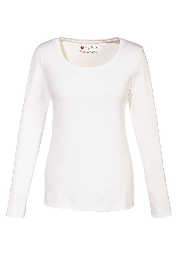 Shirt bawełniany z okrągłym dekoltem i długim rękawem bonprix biały. Kolor: biały. Materiał: bawełna. Długość rękawa: długi rękaw. Długość: długie