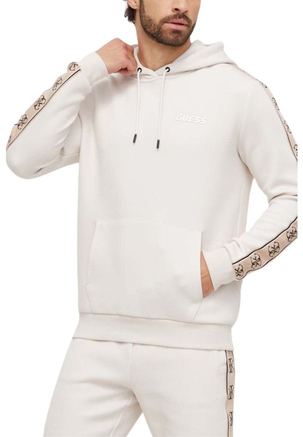 Guess - GUESS Beżowa męska bluza z lampasami Mickey, Rozmiar M. Okazja: na co dzień. Kolor: beżowy. Materiał: poliester, materiał, bawełna. Styl: elegancki, casual, sportowy