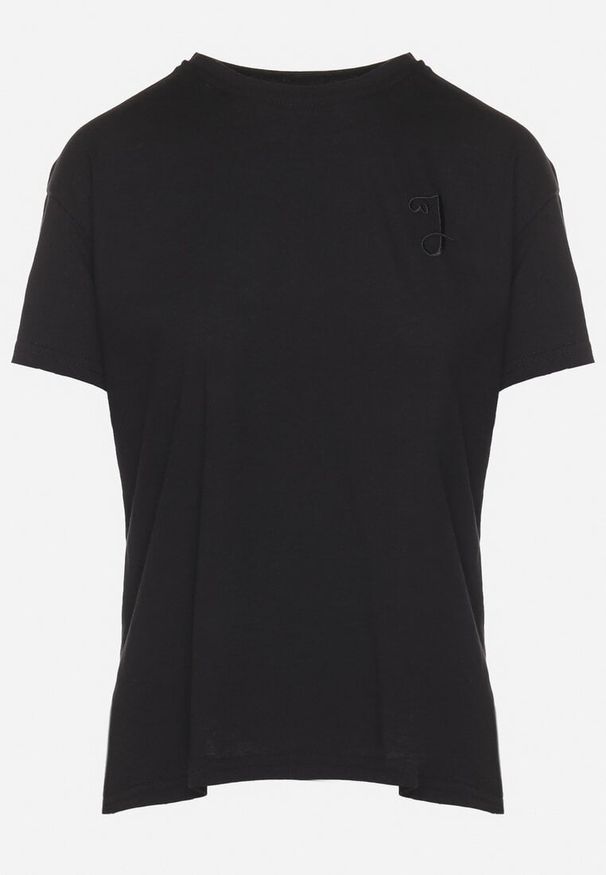Born2be - Czarny T-shirt z Asymetrycznym Tyłem i Ozdobnym Haftem Ninissara. Okazja: na spacer. Kolor: czarny. Materiał: jeans. Wzór: haft. Styl: klasyczny, elegancki