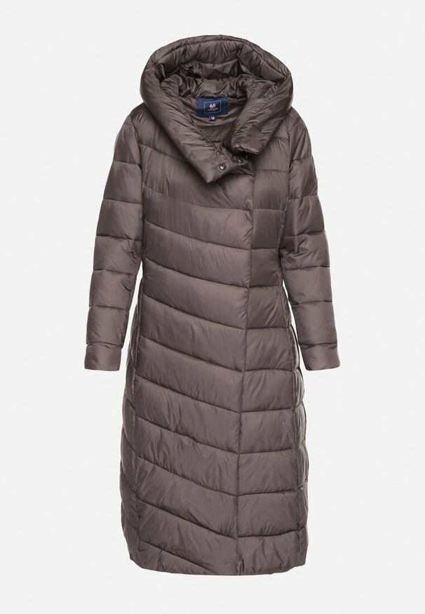 Born2be - Szara Długa Pikowana Kurtka Płaszcz z Kapturem i Ozdobnymi Suwakami Vlemika. Typ kołnierza: kaptur. Kolor: szary. Długość: długie