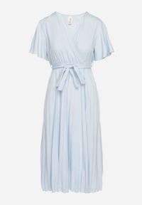 Born2be - Jasnoniebieska Sukienka Plisowana z Dekoltem w V z Paskiem w Talii Zolseki. Okazja: na co dzień. Kolor: niebieski. Styl: casual, klasyczny #7